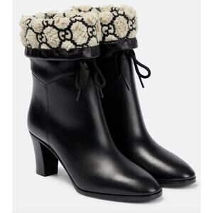 Gucci GG Shearling Leather Fold Over Ankle Boots Nero 37.5